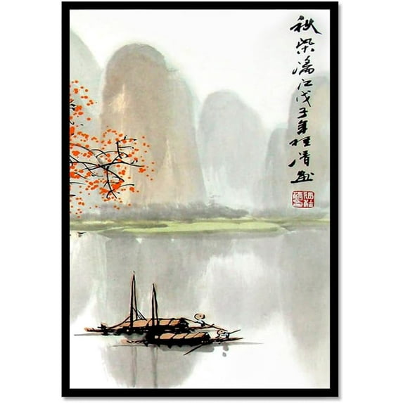 Japanese Scenery Art Floral Print Ink Painting Boat Bird Canvas Posters Asian Decor Japanese Wall Art for Living Room Bedroom Decoration