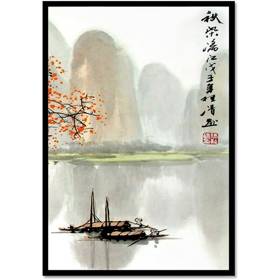 Japanese Scenery Art Floral Print Ink Painting Boat Bird Canvas Posters Asian Decor Japanese Wall Art for Living Room Bedroom Decoration