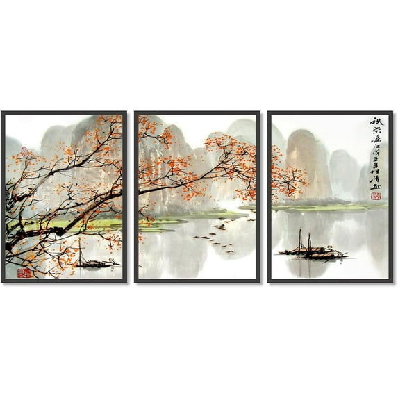 Japanese Scenery Art Floral Print Ink Painting Boat Bird Canvas Posters Asian Decor Japanese Wall Art for Living Room Bedroom Decoration