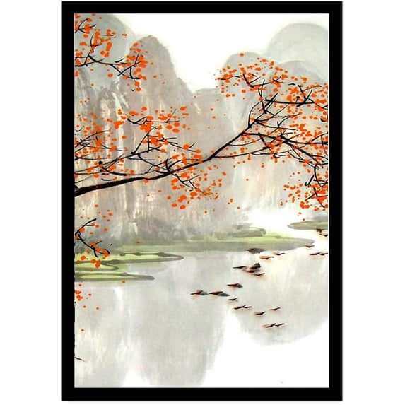 Japanese Scenery Art Floral Print Ink Painting Boat Bird Canvas Posters Asian Decor Japanese Wall Art for Living Room Bedroom Decoration