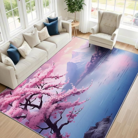 Japanese Scenic Landscape Area Rugs, Cherry Blossom Mountain Lake Carpet, Washable Non Slip Low Pile Soft Rug for Bedroom Living Room Decor Mat 2x3ft
