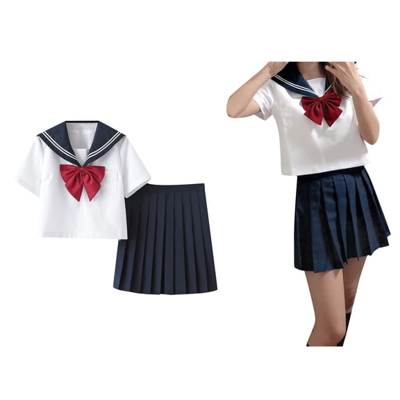 Japanese School Girl Sailor Suit Short Sleeve School Uniform and Pleated Skirt Set School Girl Outfits 15-16 Years