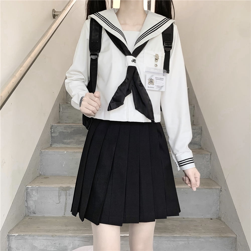 Japanese School Girl Uniform Set Three Lines Long Sleeve Black JK Suit ...