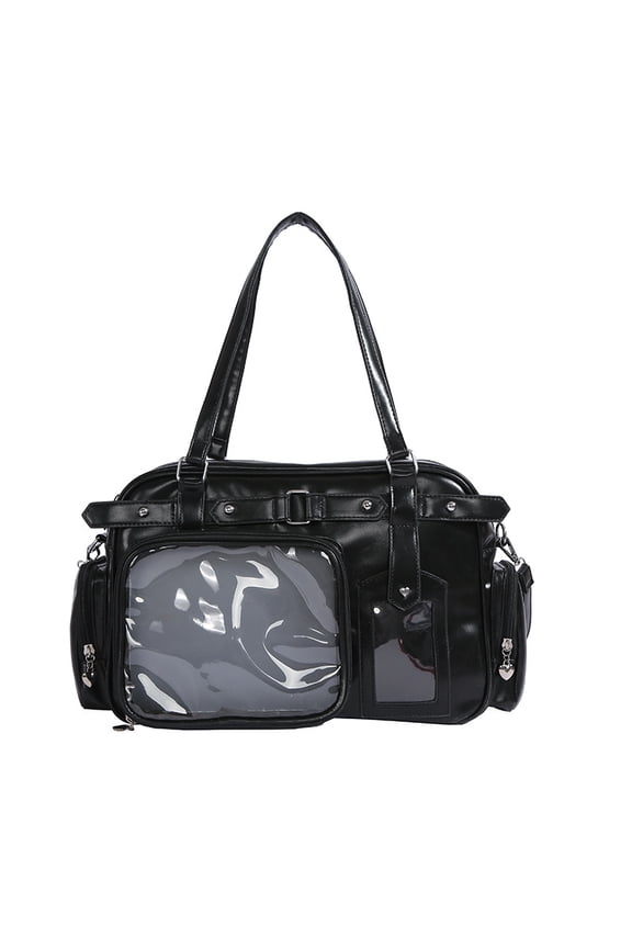 Japanese School Style Ita Tote Bag with Clear Display Window for Women and Girls, Large Capacity Commuter Student Shoulder Crossbody Purse with Multi-Pockets and Zipper Closure in Black White Purple