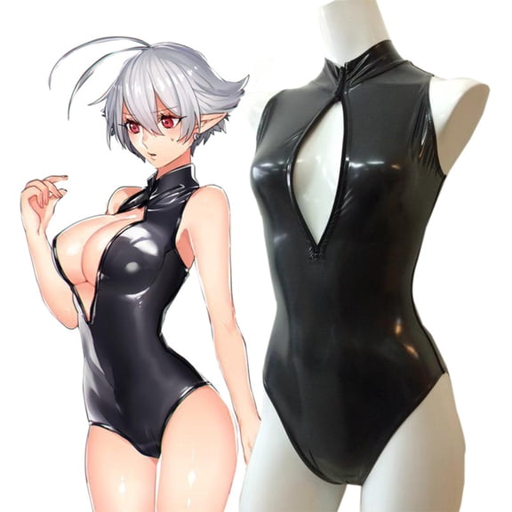 Japanese School Swimsuit Black Bodysuit Open Chest Deep V Swimsuit Cosplay One Piece Bodycon Leather for Girl Women