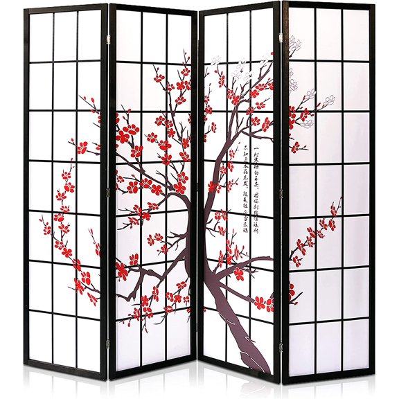 Japanese Screen Room Divider - Portable Freestanding Classic Indoor Decorative 4-Panel Separator, Folding Privacy, Dressing Area, Office, Elegant Plum Blossom Design