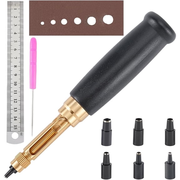 Japanese Screw Punch Black Wood Handle Belt Hole Puncher Adjustable Automatic Punching Tool with 6 Tips Size (1.5mm/2mm/2.5mm/3mm/3.5mm/4mm)