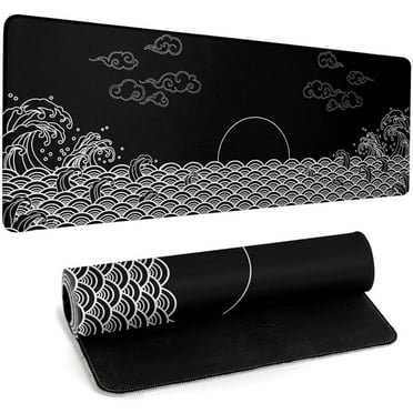 Japanese Sea Wave Anime Gaming Mouse Pad 31.5x11.8in Black Large Mousepad 3mm Thick Non-Slip Rubber Base Big Desk Pad for Office & Home