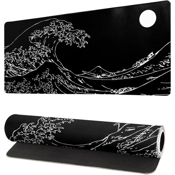 Japanese Sea Wave Gaming Mouse Pad 27.6x11.8 Inch Anime Black Large Mousepad Extended Kanagawa Mousepad Gaming Non-Slip Rubber Base Stitched Edges Keyboard Mouse Mat Desk Pad for Office Home Game