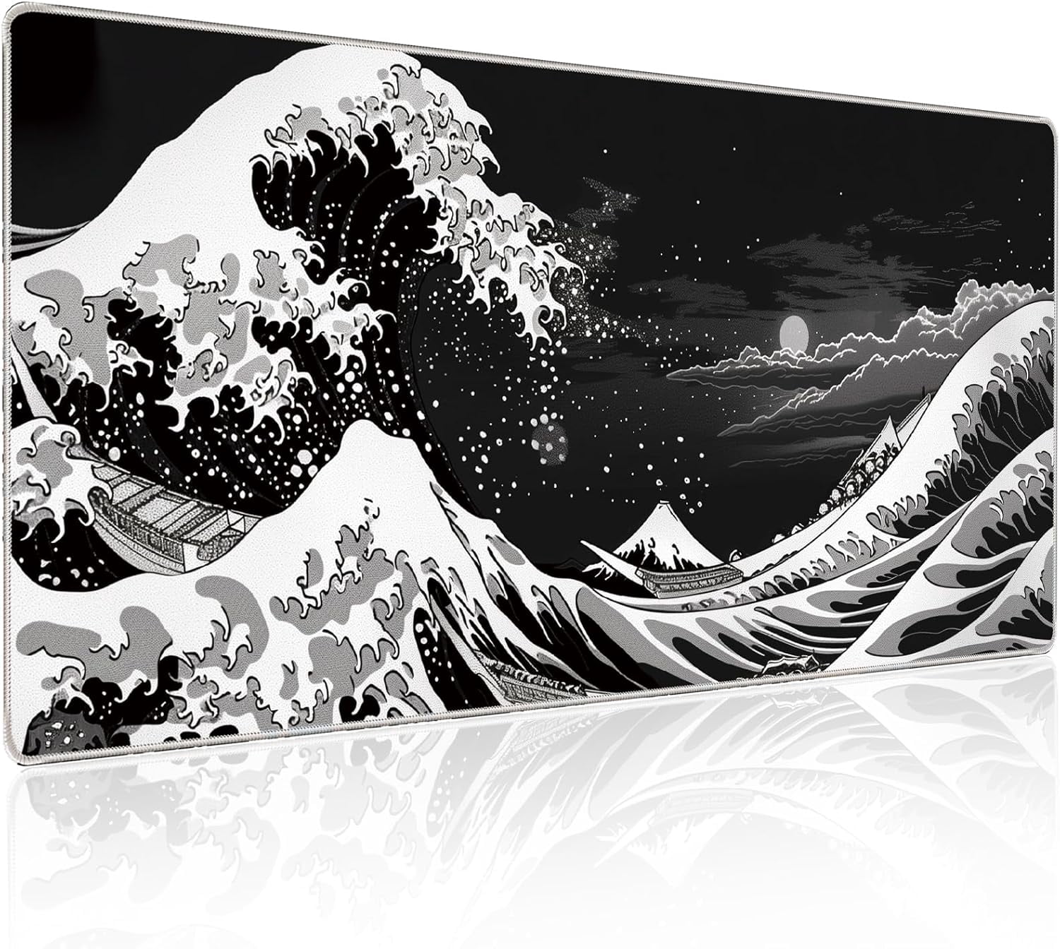 Japanese Sea Wave Gaming Mouse Pad - 31.5x11.8 Inch Kanagawa Black Mat, High-Performance Smooth Precision Fabric, Stable Non-Slip Rubber Base, Ideal for Fluid Control
