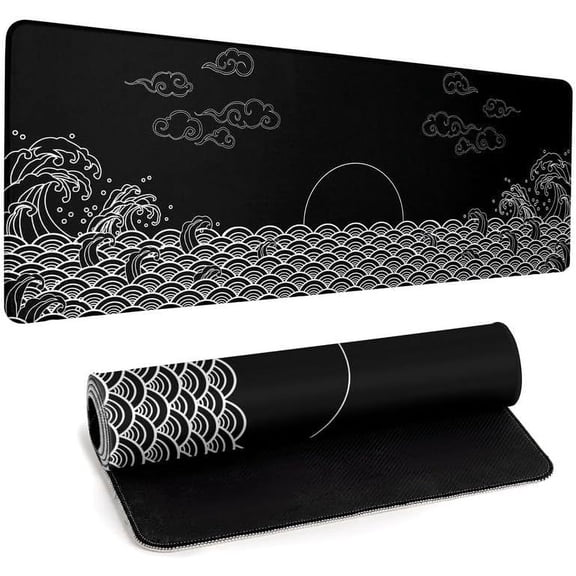 Japanese Sea Wave Gaming Mouse Pad Black Large Anime Mousepad Extended Mouse Mat 31.5''x11.8'' 3mm Thick Non-Slip Rubber Base Big Desk Pad for Office