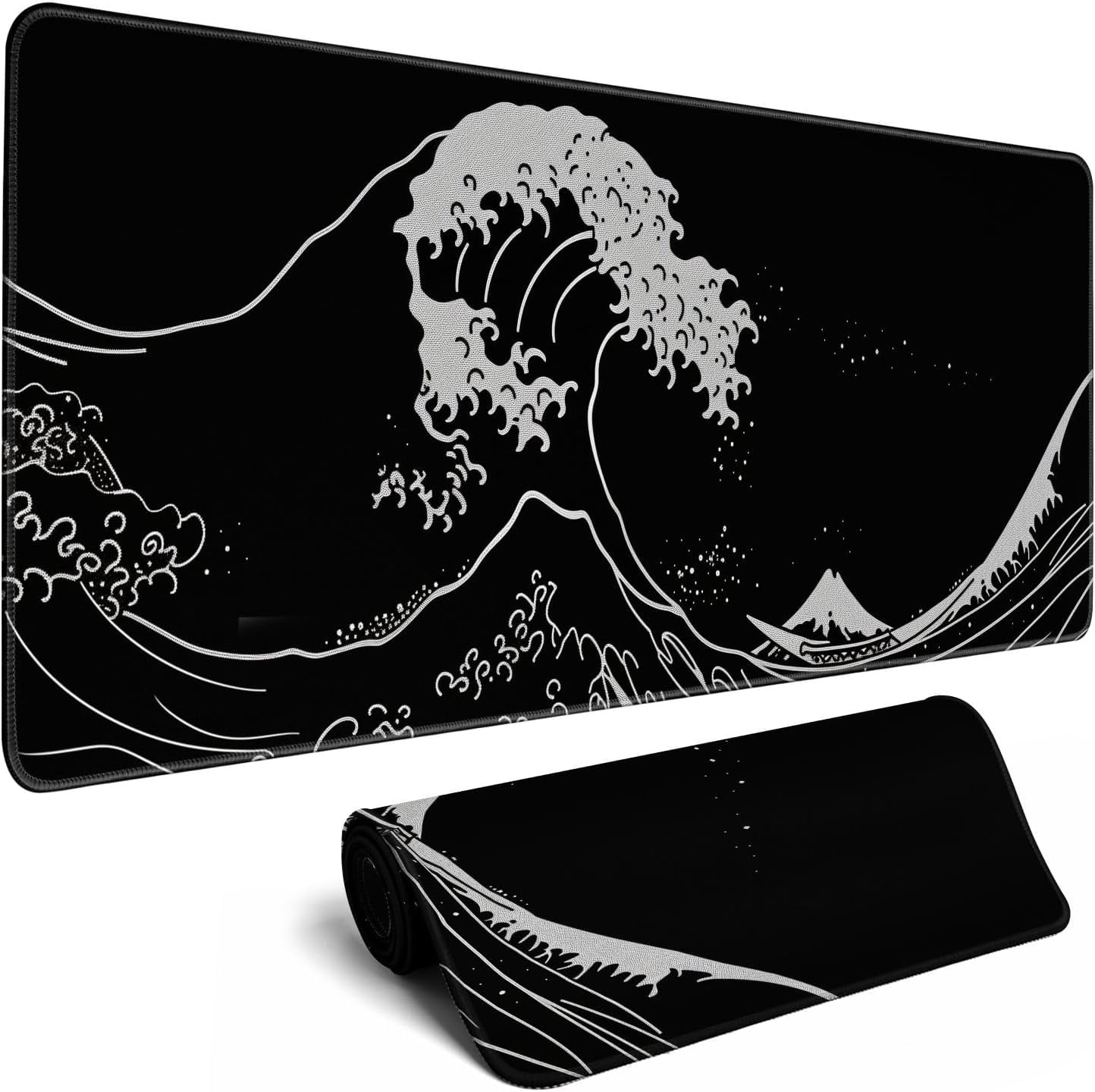 Japanese Sea Wave Gaming Mouse Pad Kanagawa Black Desk Mat Kawaii Mousepad Mouse Pad, Extra Large Deskmat Cut Laptop Mouse Pads Decor