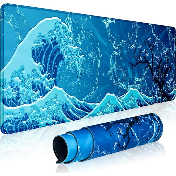 Japanese Sea Wave Gaming Mouse Pad Large,XL Desk Pad Computer Mouse Pad for Keyboard with Stitched Edges, Anti-Slip Base,Waterproof Mousepad,Big Mouse Pad for Desk(Blue,31.5" x 11.8")