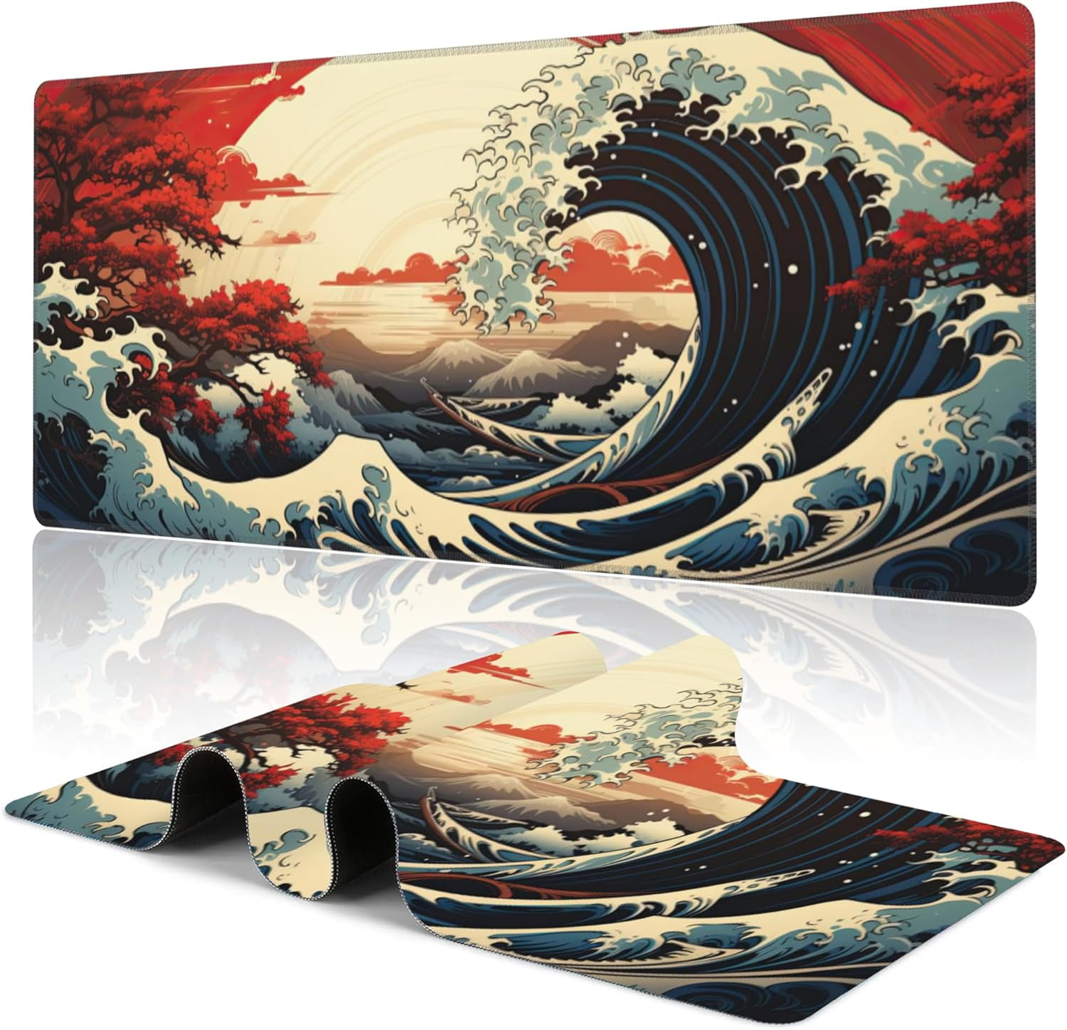 Japanese Sea Wave Gaming Mouse Pad - 31.5x15.7 Inch Sakura Sun Design Desk Mat