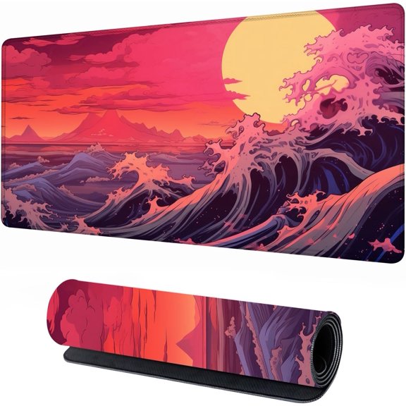Japanese Sea Wave Large Gaming Mouse Pad with Stitched Edges,31.5" x 15.7"Large Extended Computer Pad,MousePad Protector with Non-Slip Waterproof Rubber Base Desk Pad for