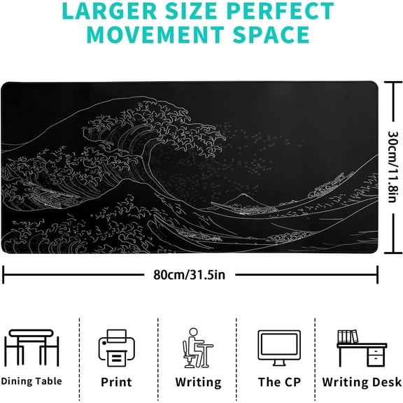 Japanese Sea Wave Large Mouse Pad, Anime Black Gaming, Extended Kanagawa Mat Desk Pad, 3mm Thick Long Non-Slip Rubber Base Mice Pad, 31.5 X 11.8 Inch