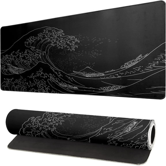 Japanese Sea Wave Large Mouse Pad, Anime Black Gaming Mouse Pad Extended Kanagawa Mouse Mat Desk Pad, 3mm Thick Long Non-Slip Rubber Base Mice Pad, 31.5 X 11.8 Inch