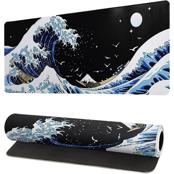 Japanese Sea Wave Large Mouse Pad Anime Black Gaming Mouse Pad31.5x11.88 Inch Sea Wave Texture Non-Slip Rubber Base Black Kanagawa Mousepad Stitched Edges Keyboard Mouse Mat Desk Pad for Work & Game