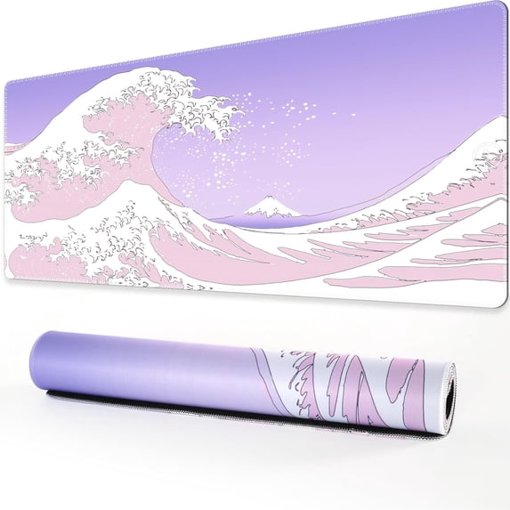 Japanese Sea Wave Large Mouse Pad, Anime Gaming Mouse Pad with Stitched Edges, Non-Slip Rubber Base, Kanagawa 35.4x15.7 Inch XXL Mouse Pad Keyboard Mat Desk Mat Gaming Mousepad, Purple
