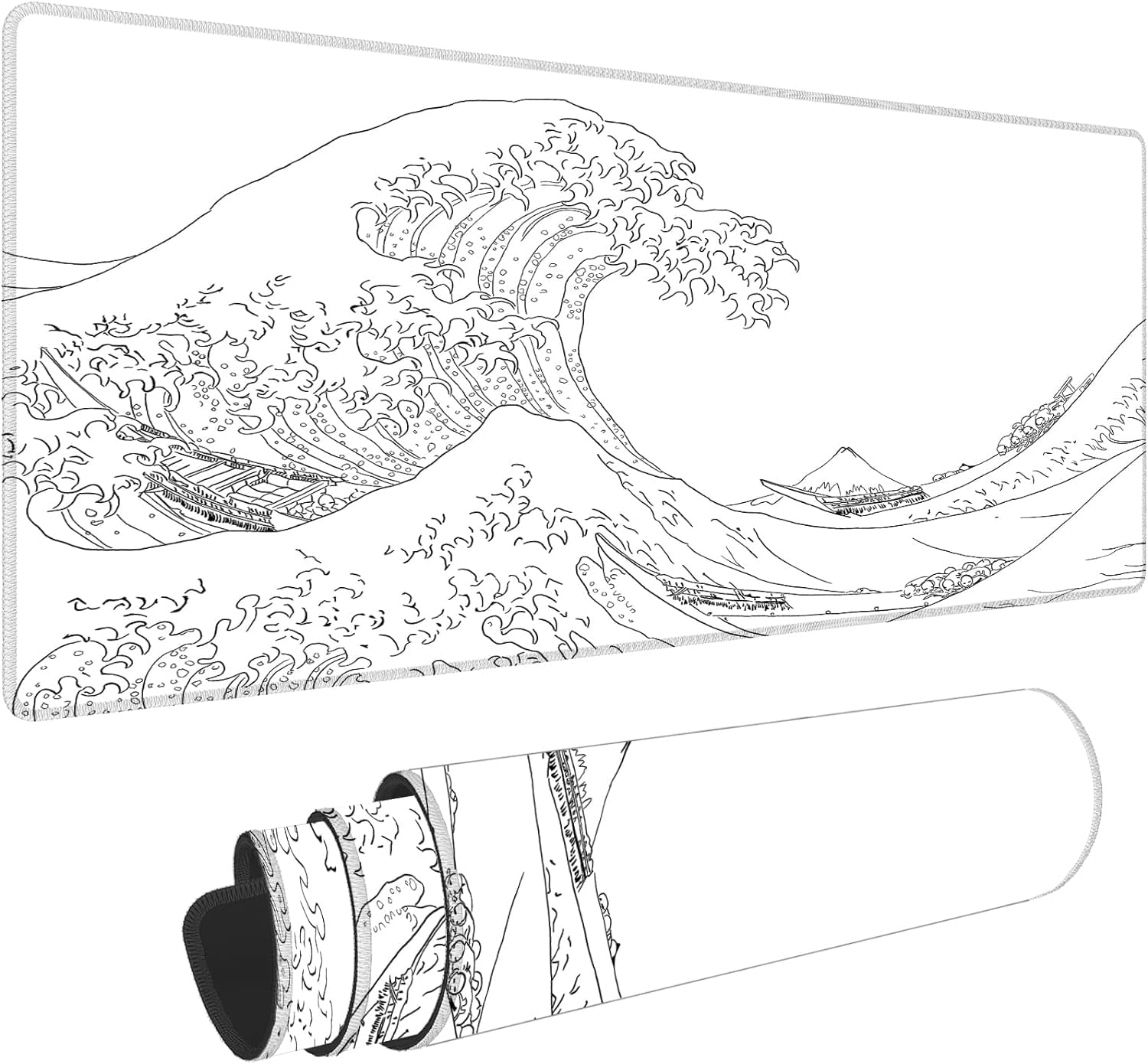 Japanese Sea Wave Large Mouse Pad, Anime White Gaming Mouse Pad XL, Extended Kanagawa Mouse Mat Desk Pad, 3mm Thick Long Non-Slip Rubber Base Mice Pad, 31.5 X 11.8 Inch,White