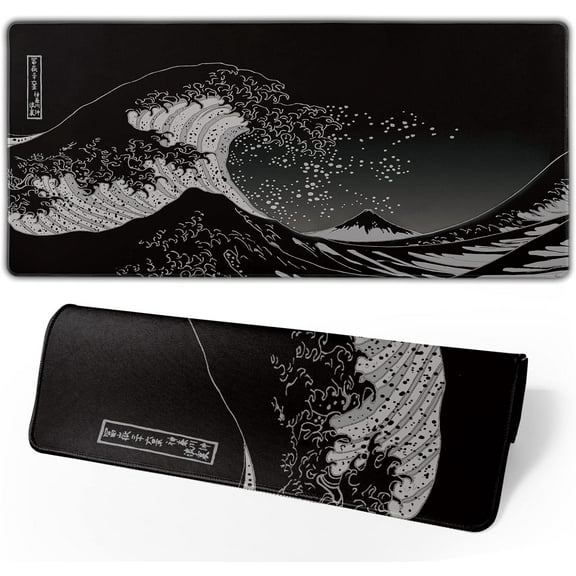 Japanese Sea Wave Large Mouse Pad Extended The Great Wave Gaming Mouse Pad Kanagawa Mousepad with Stitched Edges Keyboard Mouse Mat 3mm for Home Office 31.5 x 11.8 Inch, Black