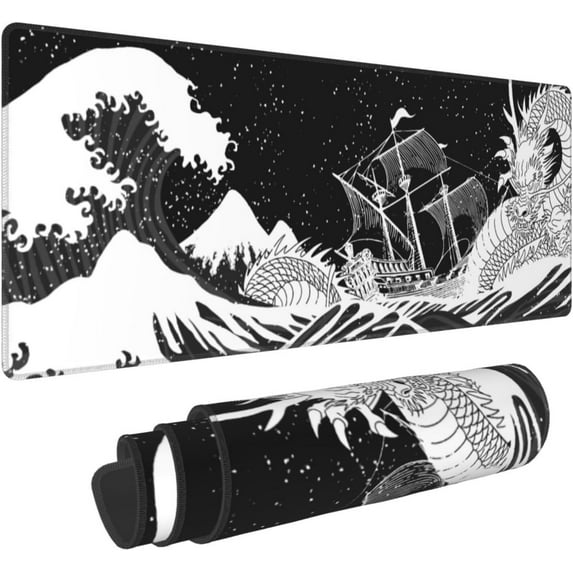 Japanese Sea Wave Large Mouse Pad Gaming 35.4 x 15.7 Inch Black Kanagawa Gaming Desk Pad with Non-Slip Rubber Base and Stitched Edges Waterproof PC Keyboard Japanese Surfing Mouse Pads for Home