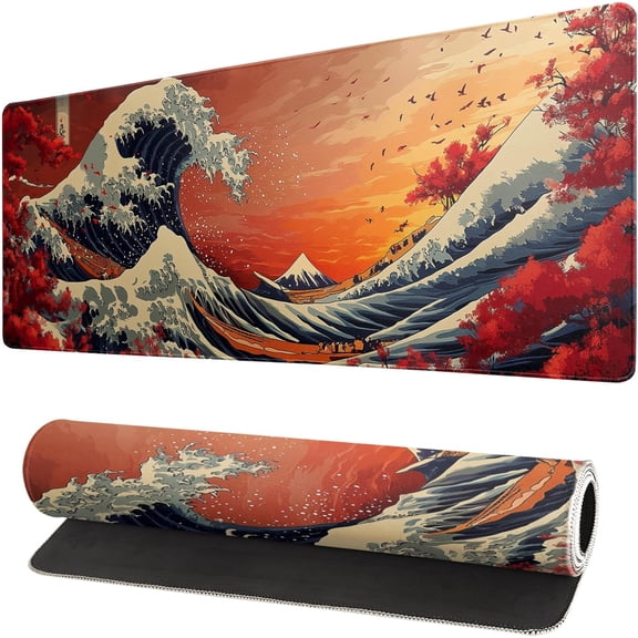 Japanese Sea Wave Mouse Pad 31.5x11.8 Inch Red Full Desk Japanese Mousepad Extended Large Non-Slip Rubber Base Waterproof Big Keyboard Mat with Stitched Edges for Gaming and Office