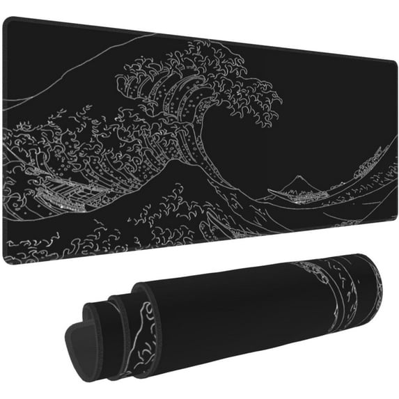 Japanese Sea Wave Mouse Pad Abstract Black Desk Mat 31.5x11.8 Inch Sea Wave Texture Non-Slip Rubber Base Wave Mousepad Stitched Edges Keyboard Mouse Mat Desk Pad for Office Home Game