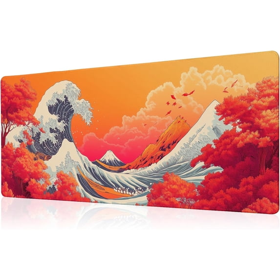 Japanese Sea Wave Mouse Pad Red Desk Mat XL Mouse Gaming Pads, Sea Keyboard Pads Extra Large Desktop Computer Mats with Non-Slip Base & Stitched Edges, Vintage Office Decor 31.5x11.8