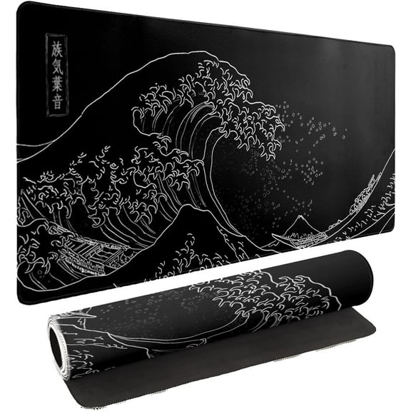 Japanese Sea Wave Mouse Pad XXL Extended Anime Black Gaming Mousepad Large Size Full Desktop Desk Pads Contour Lines Computer Mouse Mat Non-Slip Rubber Base(Size:31.5x11.8in)