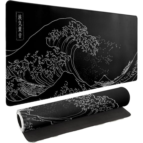 Japanese Sea Wave Mouse Pad XXL Extended Anime Black Gaming Mousepad Large Size Full Desktop Desk Pads Contour Lines Computer Mouse Mat Non-Slip Rubber Base(Size:31.5x11.8in)