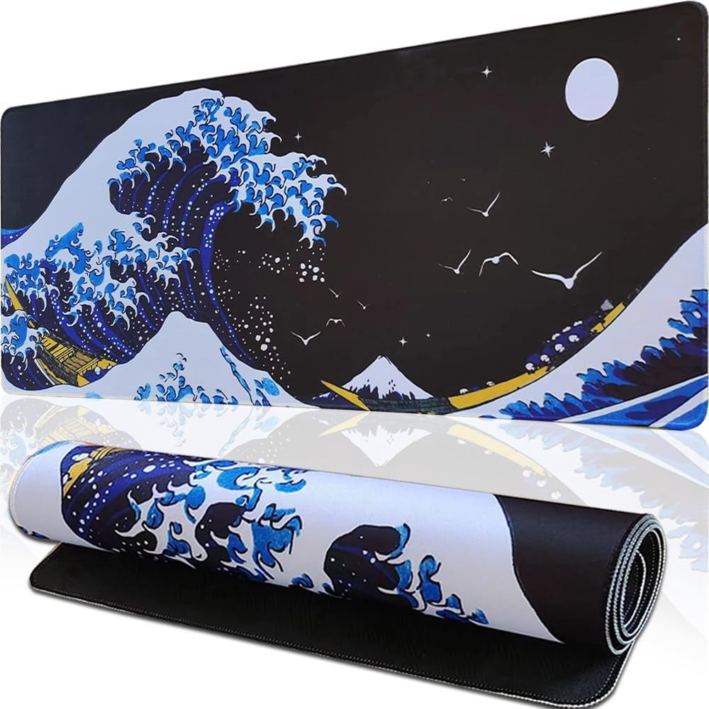 Japanese Sea Waves Large Gaming Mouse Pad, Big Desk Computer Keyboard Mousepad Stitched Edges Mouse Mat XXL 35.4 x 15.7 inches for Women Office Gaming Home (LAN 90x40)