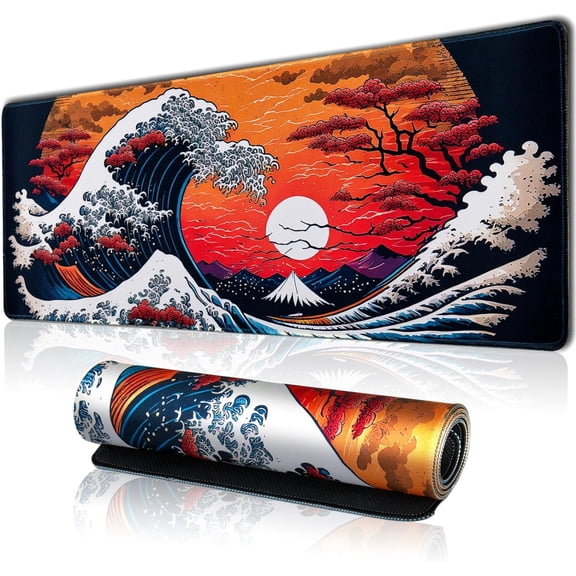 Japanese Sea Waves Large Gaming Mouse Pad for Desk, Desk Mat with Seamed Edges, Waterproof Desk Pad, Non-Slip Rubber Base, 31.5x11.8 Inch Keyboard Pad Computer Mat, Big XL Mousepad