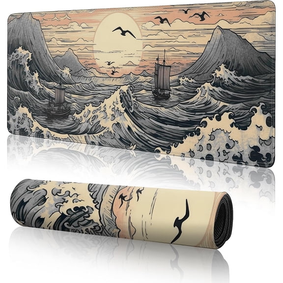 Japanese Sea Waves Large Gaming Mouse Pad,XL Mouse Pad Gaming Mouse Mat Desk Pad,31.5 x 11.8in Desk Mat Anime Mouse Pads for Desk,Extended Keyboard Pad Mousepad with Non-Slip Base and Stitched Edge