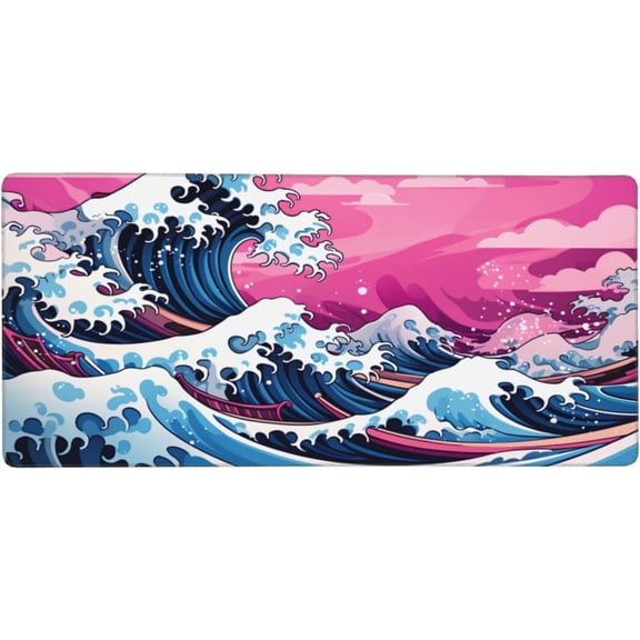 Japanese Sea Waves Mouse Pad - Blue Ocean Wave Gaming Mousepad Extended Large Mouse Mat Surfing Painting Desk Pad Keyboard Pad Computer Mat 35.4 x 15.7 Inch