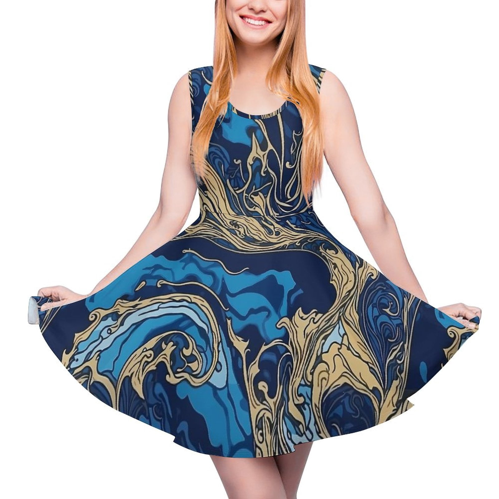 2-way Japanese Prints V-Neck Ribbon Skater Dress (Seigaiha Pattern) main image 1