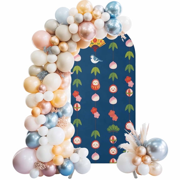 Japanese Series Arch Backdrop Cover 4 FT Cartoon Fans Birds Tumbler Floral Navy Blue Stretchy Elastic Arch Stand Covers Spandex Arched Background Birthday Wedding Party Decoration (No Stand)