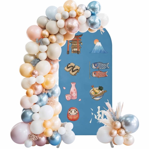 Japanese Series Arch Backdrop Cover 4 FT Cartoon Mount Fuji Fans Flag Tumbler Blue Stretchy Elastic Arch Stand Covers Spandex Arched Background Birthday Wedding Party Decoration (No Stand)