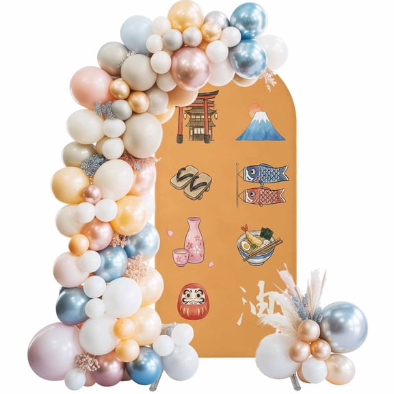 Japanese Series Arch Backdrop Cover 4 FT Cartoon Mount Fuji Fans Flag Tumbler Orange Stretchy Elastic Arch Stand Covers Spandex Arched Background Birthday Wedding Party Decoration (No Stand)