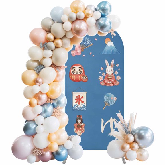Japanese Series Arch Backdrop Cover 4 FT Cartoon Mount Fuji Fans Rabbit Tumbler Blue Stretchy Elastic Arch Stand Covers Spandex Arched Background Birthday Wedding Party Decoration (No Stand)