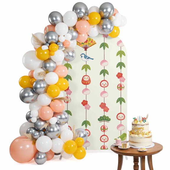 Japanese Series Arch Backdrop Cover 4FT Cartoon Fans Birds Tumbler Floral Beige Spandex Fitted Arch Covers Stretchy Backdrop Decoration for Wedding Birthday Graduation Party
