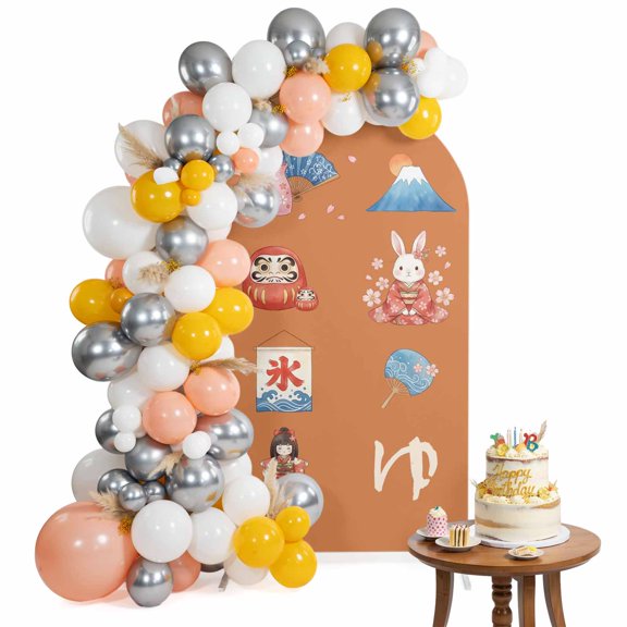 Japanese Series Arch Backdrop Cover 4FT Cartoon Mount Fuji Fans Rabbit Tumbler Orange Spandex Fitted Arch Covers Stretchy Backdrop Decoration for Wedding Birthday Graduation Party