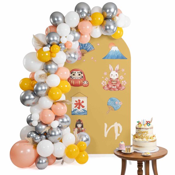 Japanese Series Arch Backdrop Cover 4FT Cartoon Mount Fuji Fans Rabbit Tumbler Yellow Spandex Fitted Arch Covers Stretchy Backdrop Decoration for Wedding Birthday Graduation Party