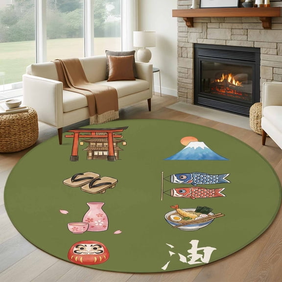 Japanese Series Round Rugs for Living Room 5ft Cartoon Mount Fuji Fans Flag Tumbler Green Non Slip Circle Rug Washable Low-Profile Indoor Carpet for Bedroom, Dining Room, Bathroom