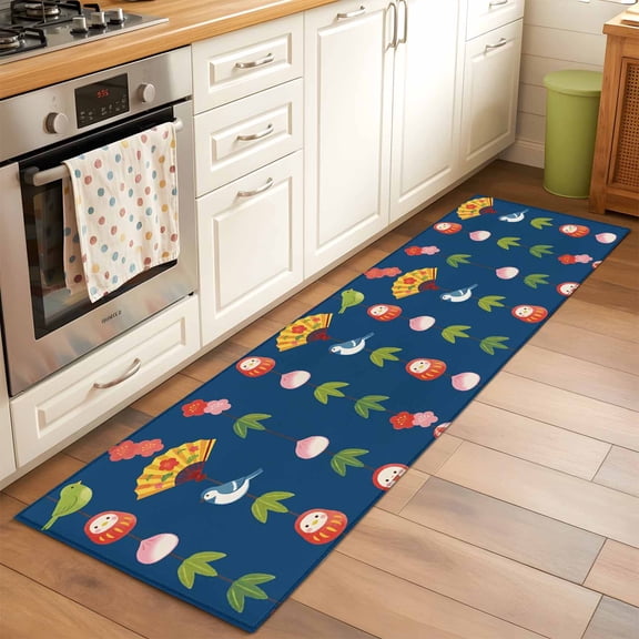 Japanese Series Runner Rug for Hallway 2x6ft, Cartoon Fans Birds Tumbler Floral Navy Blue Non Slip Floor Mat Washable Low-Profile Indoor Carpet for Living Room, Bedroom, Dining Room