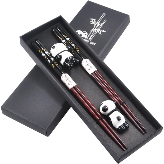 Japanese Set with 2 Ceramic Panda Holders - 9-Inch Elegant Reusable Chopstiks Gift Set for Sushi Lovers Couples