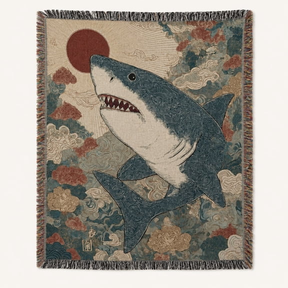 Japanese Shark Woven Throw Blanket, Ukiyo-e Ocean Wave Cotton Tapestry with Fringe