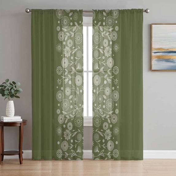 Japanese Sheer Curtains 63 Inch Length 2 Panels Set, Green Rustic Retro Pastoral Floral Leaves Voile Window Treatment Rod Pocket Curtains Sheers Drapes for Bedroom/Living Room/Kitchen 52x"63"x2