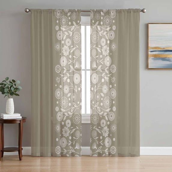 Japanese Sheer Curtains 72 Inch Length 2 Panels Set, Grey Simple Traditional Flowers Leaves Pattern Voile Window Treatment Rod Pocket Curtains Sheers Drapes for Bedroom/Living Room/Kitchen 52"x72"x2