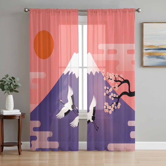 Japanese Sheer Curtains 84 Inch Length 2 Panels for Living Room, Nature Mountain Sun Blossoms Cherry Scenery Voile Kitchen Curtain Set, Luxury Privacy Drapes Window Treatment for Bedroom